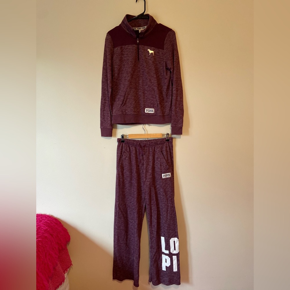 NWOT VS PINK Quarter Zip & Sweatpants Set in Heathered Burgundy - size S
